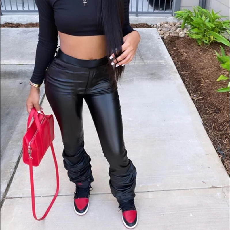 

(Clearance at a low price)2020 Fall Fashion black Mid-Waist bell-bottoms faux leather stacked pants for women, Picture