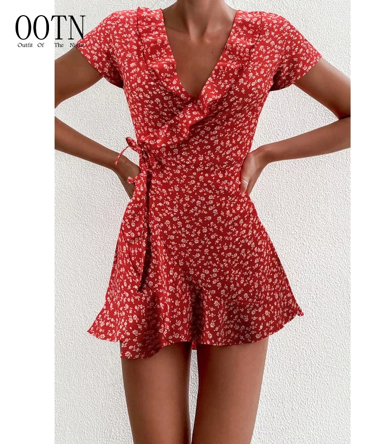 

OOTN Lady Chic Flowers Garden Dress Sweet Elegant Floral Ruffles V-neck Bandage Short Dress Summer Womens Floal A-Line Dress