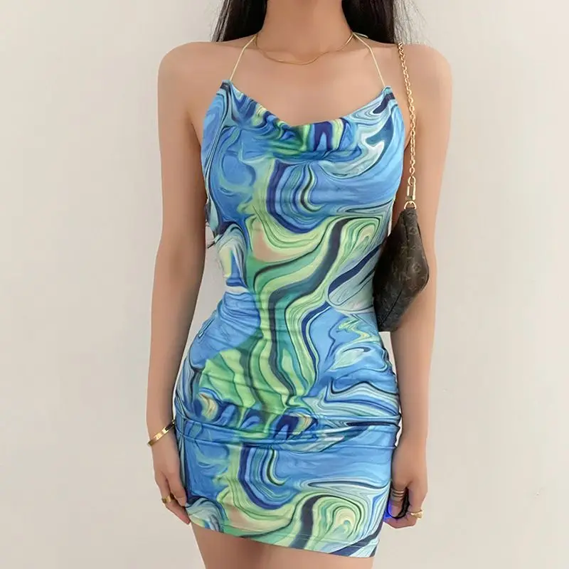 

2021 New Arrival summer Floral Halter ropa mujer Plaid sexy dress women mini summer dresses