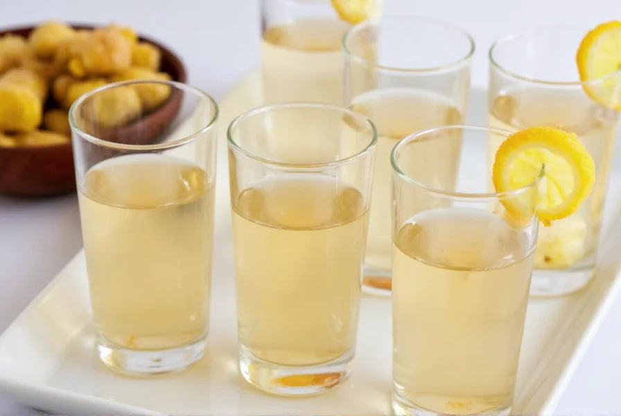Variety of ginger shot variations in small glasses with different natural ingredients