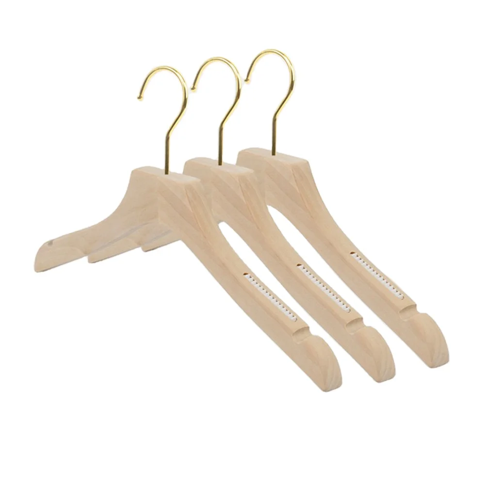 

New elegant golden hook boutique solid wood white clothing hangers racks for clothes shop, Natural