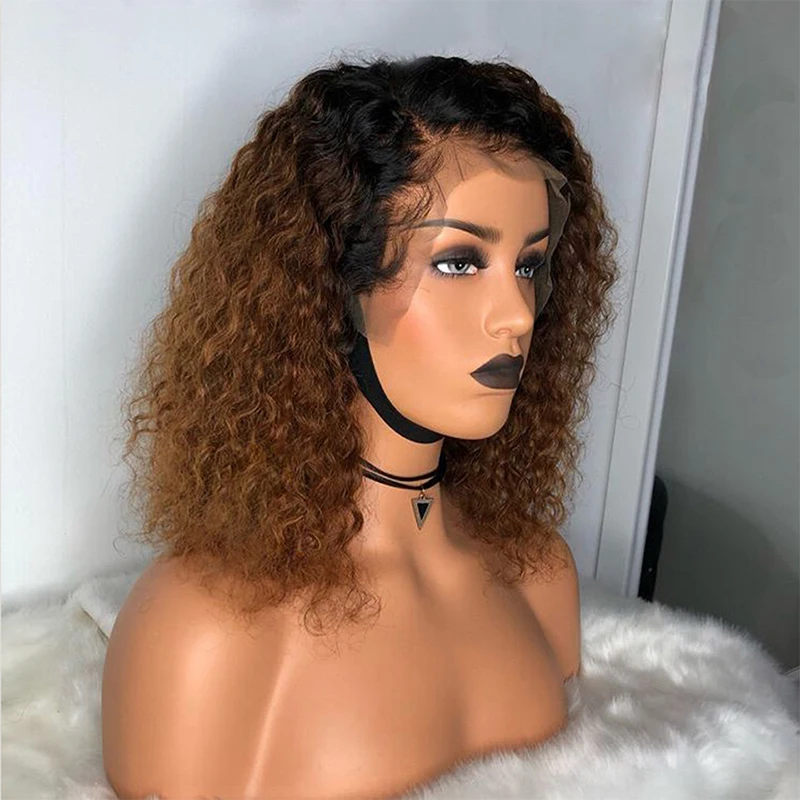 

Ainizi competitive price high quality short ombre blended light brown 14'' kinky curly synthetic lace front wig for women