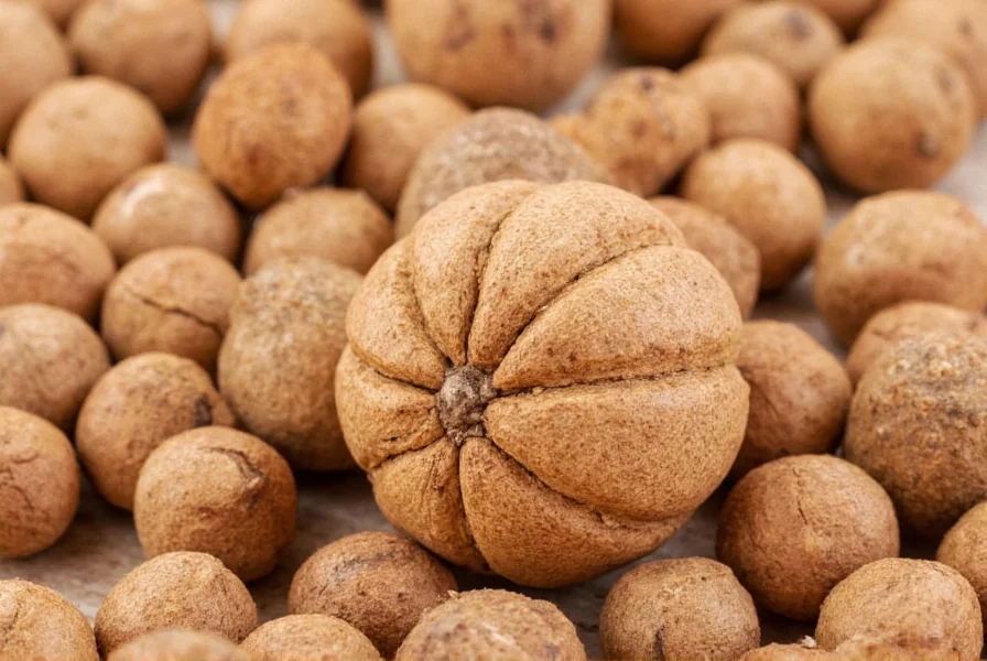 Freshly grated whole nutmeg on wooden spoon with spice bowl