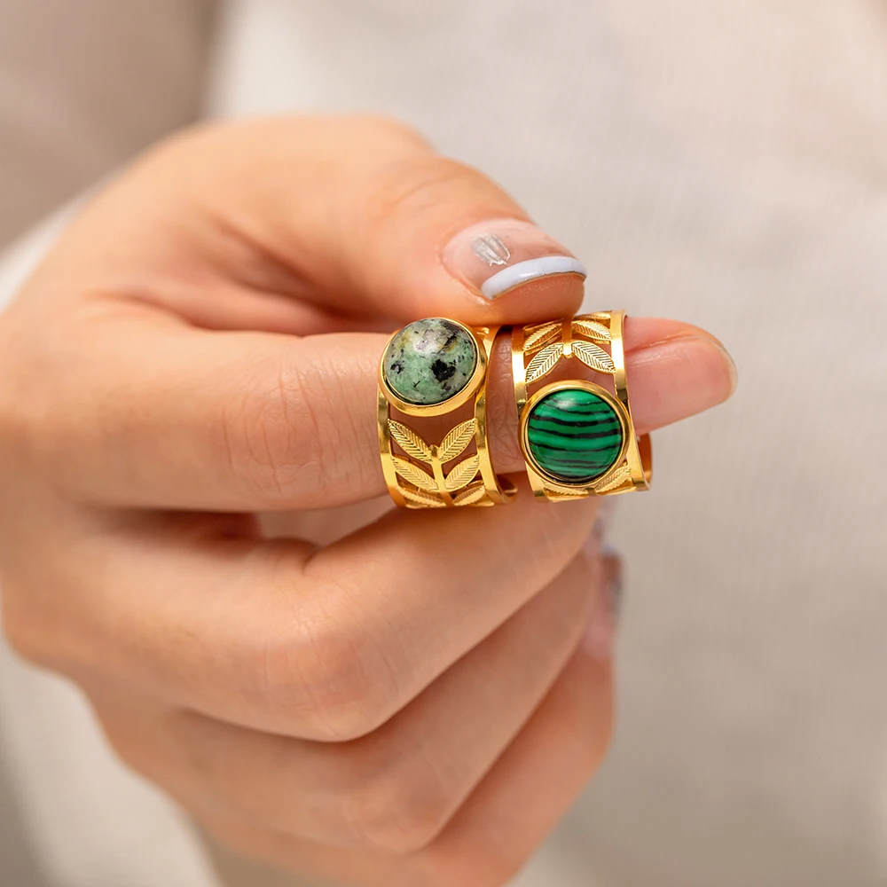 

Malachite Stone 18k Gold Plated Stainless Steel Hollow Leaf Round Green Malachite Opening Rings For Women