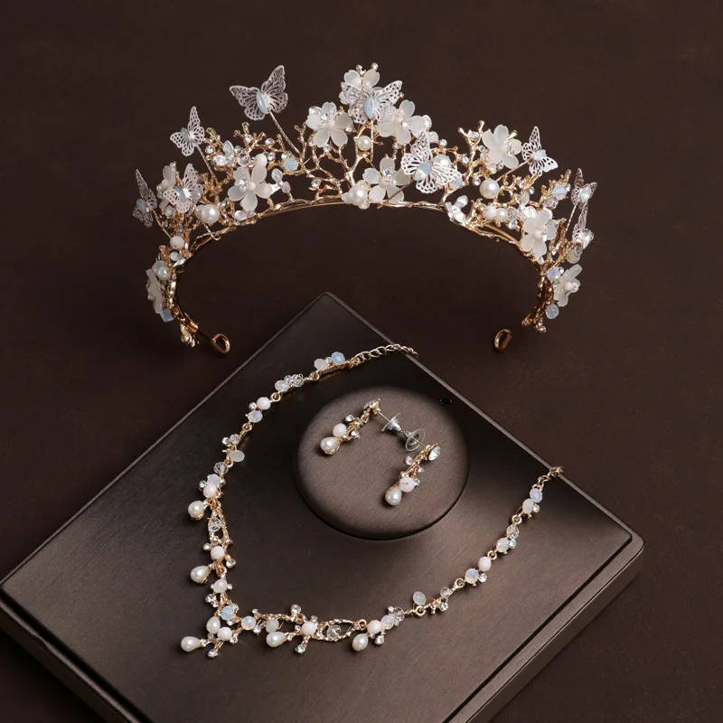 Luxury Crystal Leaf Wedding Bridal Jewelry Sets Rhinestone Crown Tiaras Necklace Earrings Set