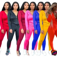 

B51209A Women casual sports suit pure color zipper hoody with tight pants