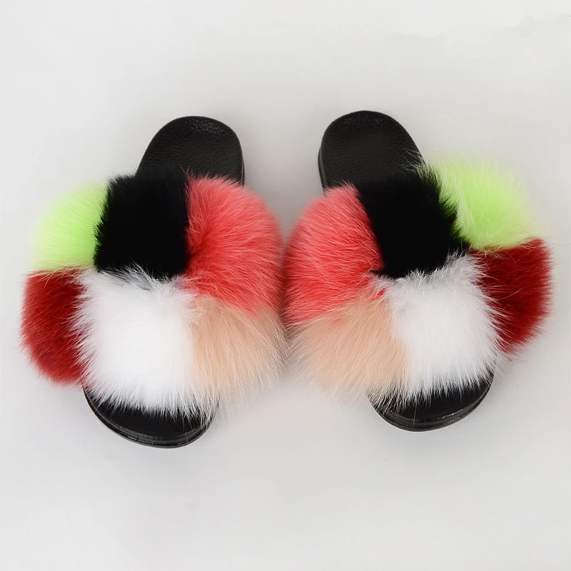 

Wholesale Custom logo indoor pvc sole racoon fur slides sandal colorful 100% racoon fluffy slipper fur slippers for women, Customized color