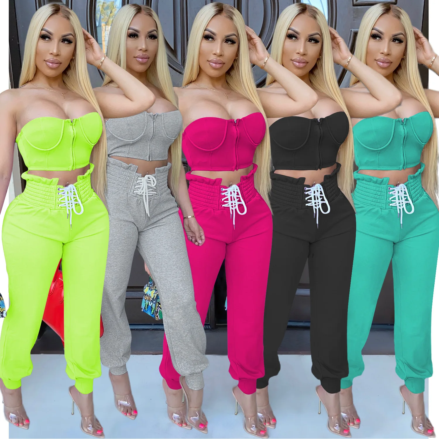 

2021 New Arrivals Solid Women Sleevless Top Two Piece Pant Set Summer Ladies Sexy Corset Casual Suit Women Clothing