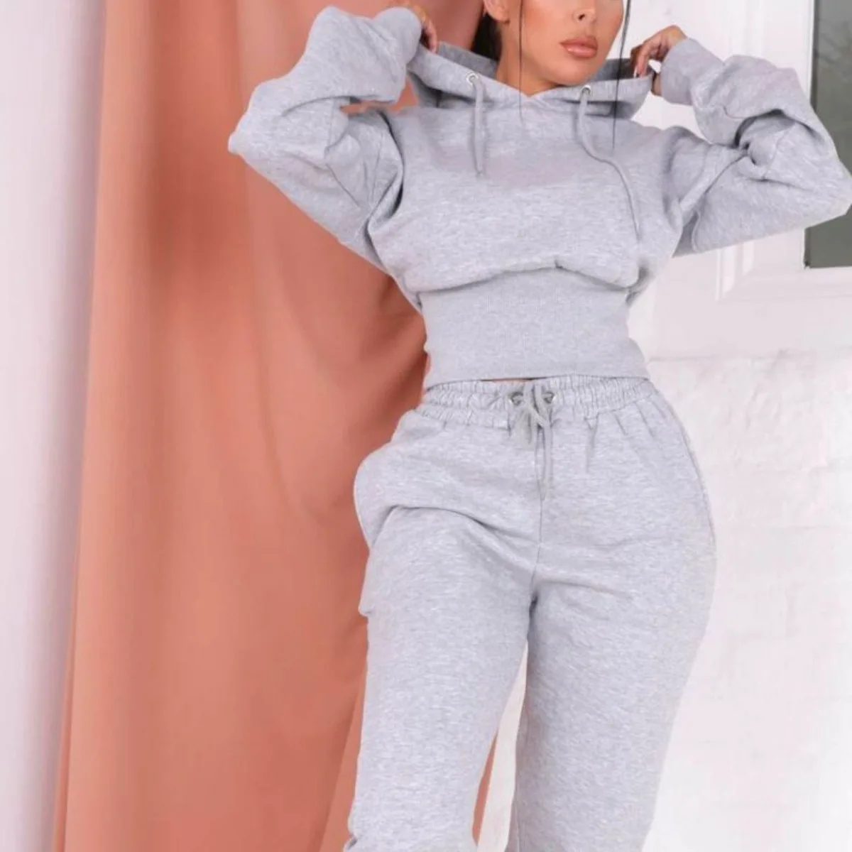 

Wide Waistband Blank Jogger Cropped Sweatshirt Hoodies Sets Custom Sweatsuit Tracksuits For Women