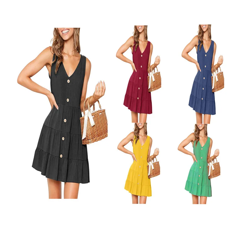 

2022 Women's Summer Sleeveless V Neck Button Down Casual Pocket Swing Short Dress, As picture