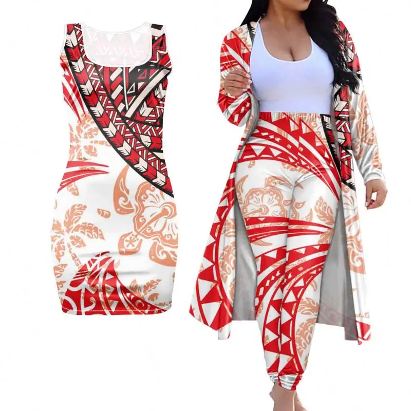 

Polynesian Hawaiian Tribal Print Women's Dress 3 Piece Set 2021 New Design Lady Kimono Cardigan Match Sexy Bodycon Dress, Customized color