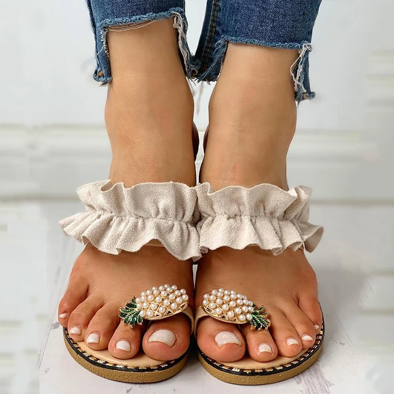

Women Pineapple Pattern Toe Ring Frill Hem Casual Sandals Pineapple Pearls Sandals Clip Toe Flip Flops Boho Casual Flat Slippers