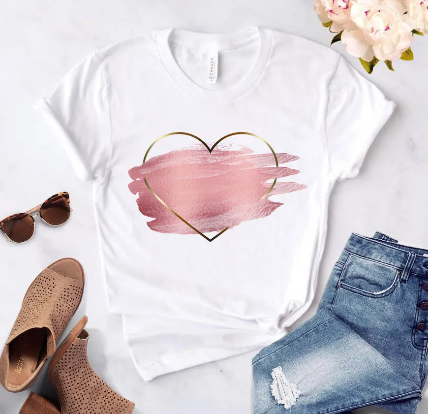 

2022 Valentines Day T Shirt Casual Basis White Summer Plus Size T-shirs Sweet Romantic Graphic Heart Flower Love Print T Shirts