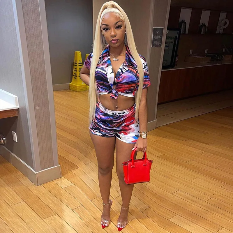 

Cute Colorful Print 2PC Women Set Short Sleeve Cardigan Top High Waist Straight Shorts Set