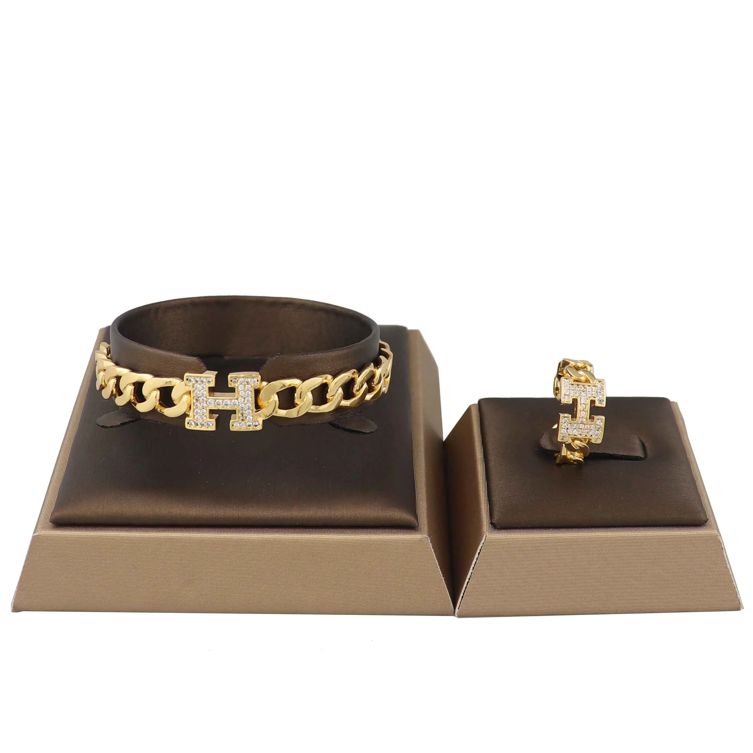 

Letter H 18k gold plated chain bracelet design jewelry AAA zircon bangle ring sets