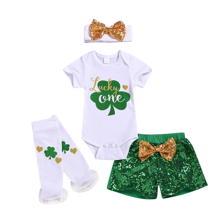 2019 new style love baby kids St.Patrick Day clothing girls green sequins shorts 4pcs sets