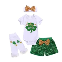 

2019 new style love baby kids St.Patrick Day clothing girls green sequins shorts 4pcs sets