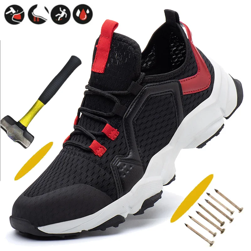 

Indestructible Ultra-light Men Safety Shoes Women Work Sneakers Steel Toe Breathable Outdoor Shoe Plus Size 37-47, Black