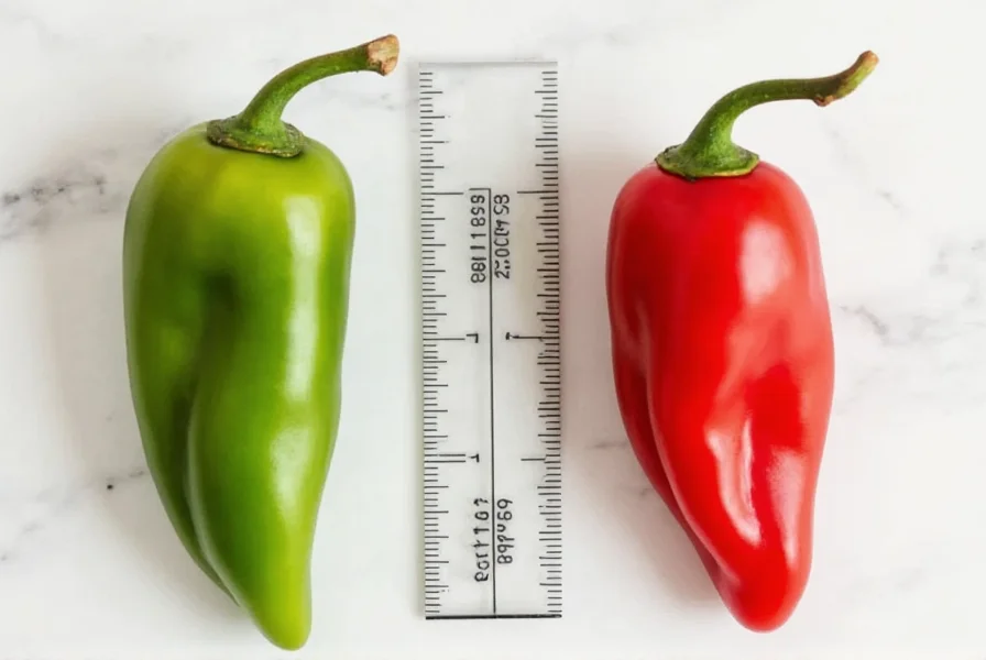 Close-up comparison of fresh green and red Fresno chilies next to measuring scale showing Scoville units