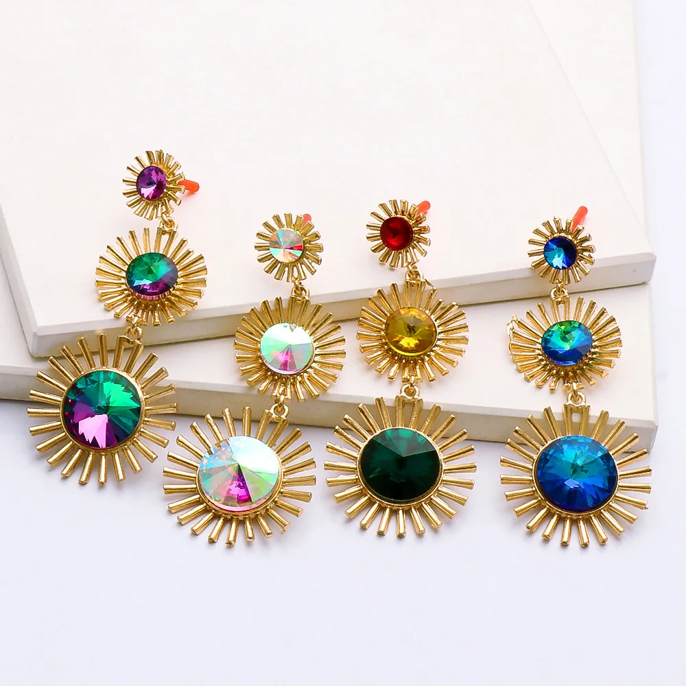 

New Design Colorful Diamond Geometric Round Statement Earrings Fashion Gold Plated Crystal Rhinestone Long Drop Earrings