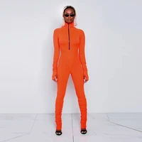 

8358 Autumn Winter Tight Long Sleeve Pants Deep O- Neck Half Zipper Sexy Rompers Womens Jumpsuit