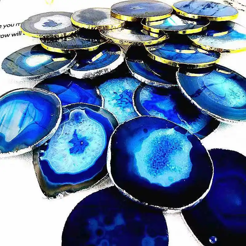

XS ltd. Custsom Box Brazilian Natural Semi Agate Coaster Slices Gold Set, Blue