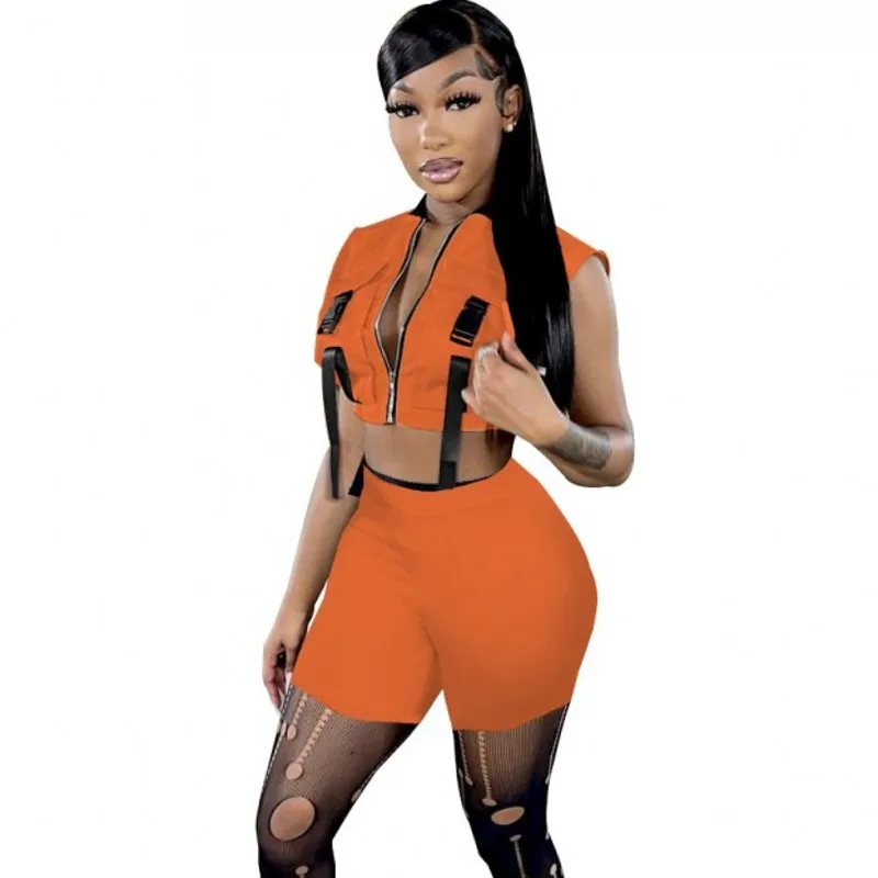 

Summer 2 Two Piece Shorts Set Women Outfits Zipper Pocket Casual Crop Top Biker Short Sets Matching Sets C14534