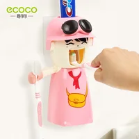 

ECOCO Bathroom punch free installation kids cartoon design toothpaste pump dispenser with 2pcs Toothbrush Holder 1pcs cup