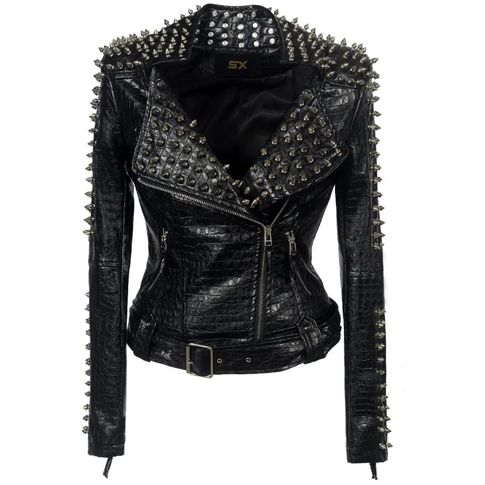 

Fashion rivet punk rock motorcycle zipper Jacket coats women ladies leather jacket motorbike, Black, blue, army green