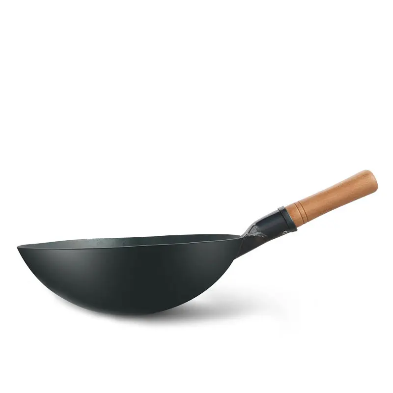 
Chinese Hand Hammered Wok Wooden Handle No Coating Round Bottom Wok Pan 