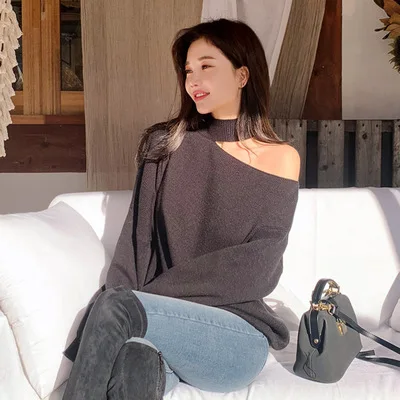 Wholesale New Arrival Fashion Irregular Halter Off The Shoulder Long Sleeve Comfy Casual Woman Knit Pullover Sweater Top