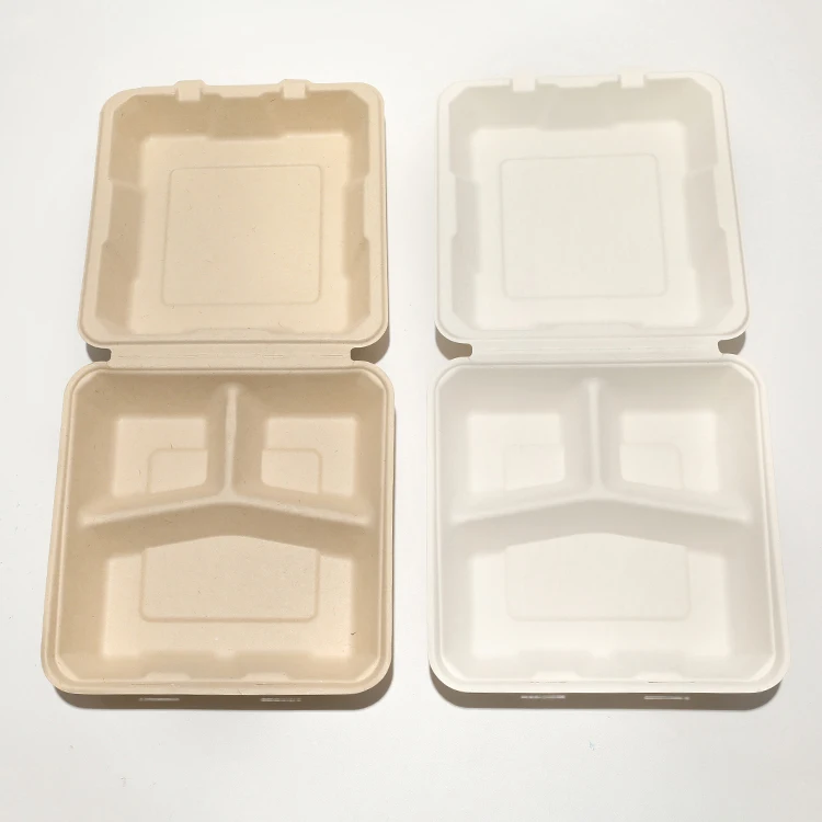 

3 Compartment Eco- friendly Disposable Biodegradable Food Plate Sugar Cane Bagasse Lunch Box with Lid, Natural /white color