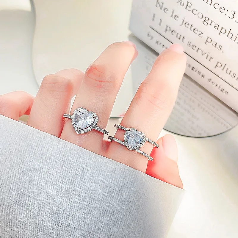 

Hot Sale Trendy Shiny Full Rhinestone Crystal Heart Rings Layered CZ Heart Open Rings For Women Girls