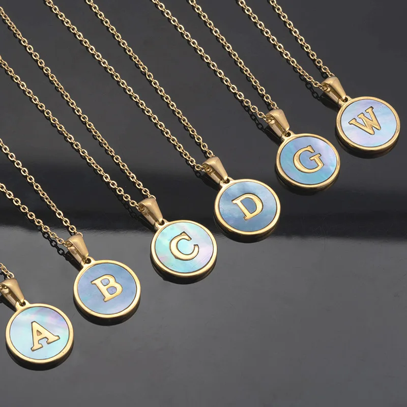 

18K Gold Stainless Steel Letter Circular Pendant A-Z Round Blue Shell Letter Necklace