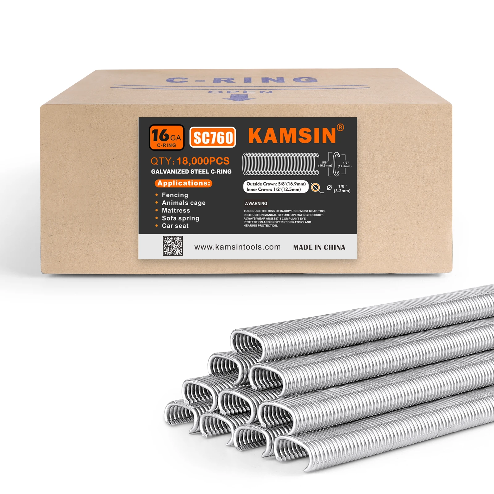 KAMSIN SC760/C17 Hog Rings 18000 PCS-16 Gauge Galvanized C-Type Staples 12.5mm Inner Crown - Compatible with 1/2"