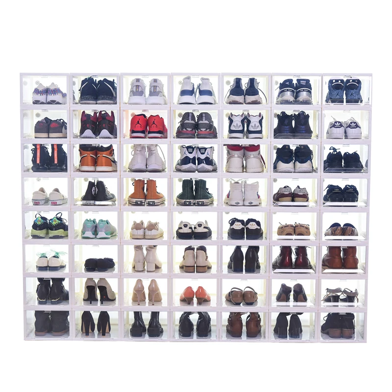 

Fashion Acrylic Plastic Magnetic Side Open Stackable Folding Clear Display Shoe Storage Box For Organizer Basketball Sports Shoe