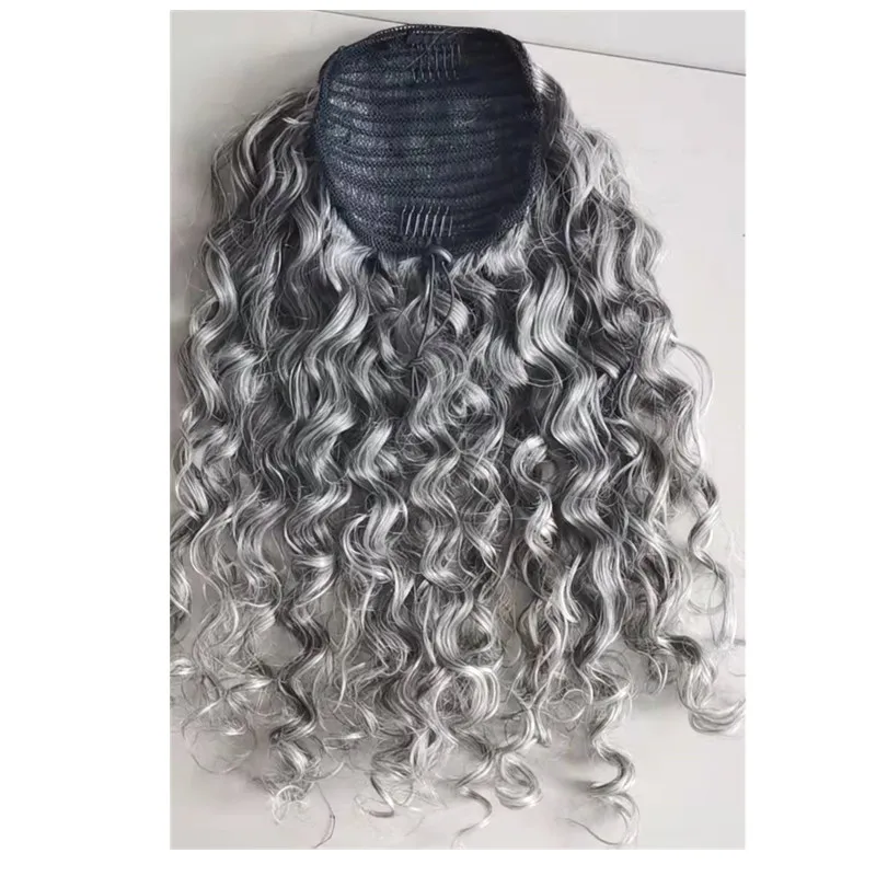 

Real hair grey ponytail hair extension afro grey hairpiece Natural highlight Salt and pepper human hair ponytail hairpiece 140g