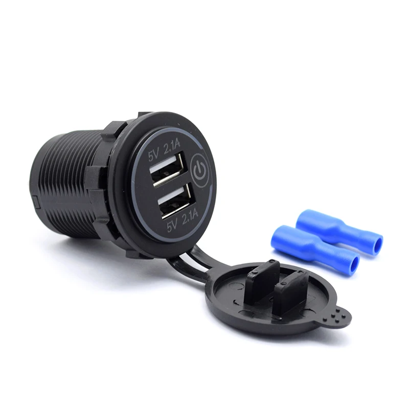 

Car Charger with Switch, 12V/24V 22W Waterproof 2.1A & 2.1A Dual USB Fast Charger Socket Power Outlet for Marine, Black