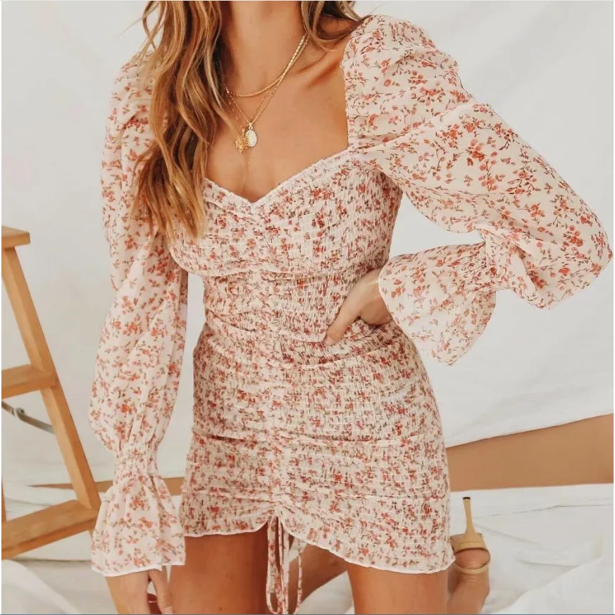 

sexy floral print shirred dress women square neck long sleeve slim mini dress chiffon dress