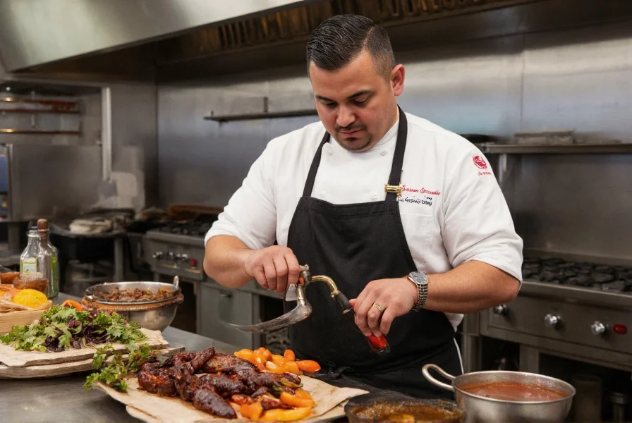 Chef preparing chipotle-infused sauce in stainless steel kitchen with fresh ingredients, smoked peppers, and traditional Mexican cooking tools