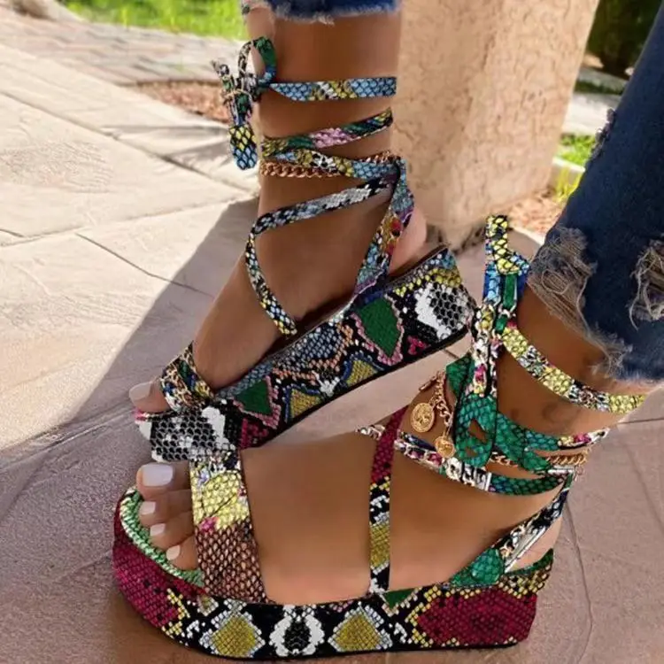 

2021 Summer sexy ankle wrap platform snake skin sandals for women and lady high heels outdoor casual footwear, 5 colors as picture