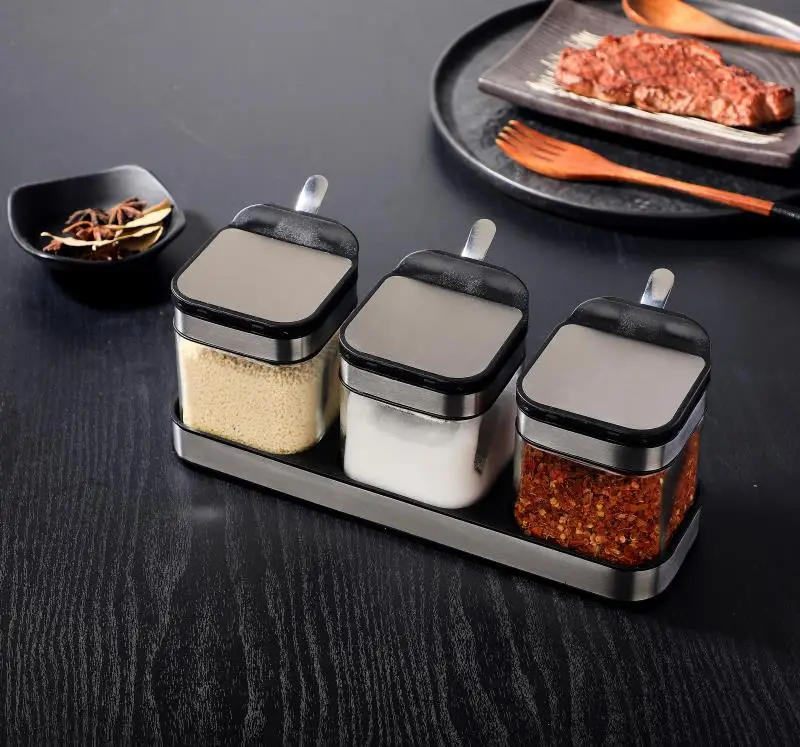 

Separable Spice Rack Seasoning Jars, Spice Salt Container Sugar Storage Organizer Glass stainless steel Seasoning Box