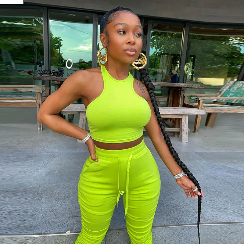 

2020 fall new fashion solid color halter short I-vest and stacked pants set women casual two piece set, 3 colors
