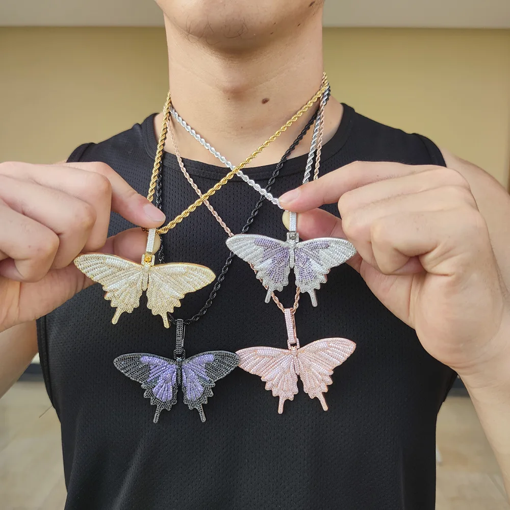 

Hip Hop Unisex Butterfly Necklace 18k Gold Plated Iced Out Full AAA Cubic Zircon Butterfly Pendant Necklace, Picture