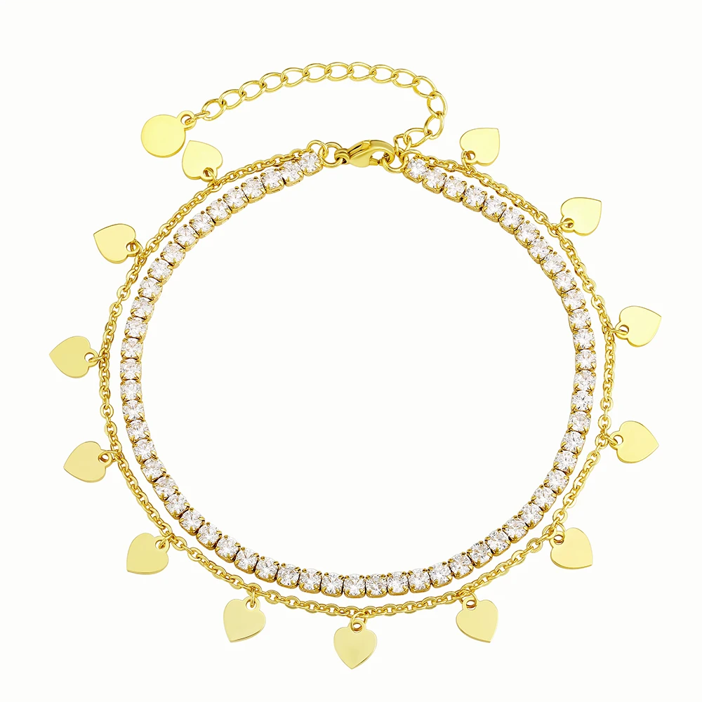 

KRKC Wholesale 3mm Double Layer Rose Sliver 18K Gold Plated Stainless Steel Tennis Chain Cable Chain Anklet with Heart Charms