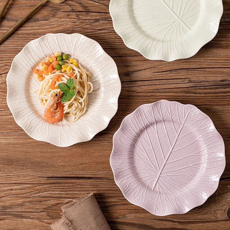 

Nordic Style Embossed Irregular Cutlery Tray Dinnerware Set Dish Restaurant Steak Dish Salad Dessert Porcelain Ceramic Plate, Apricot/light green/purple
