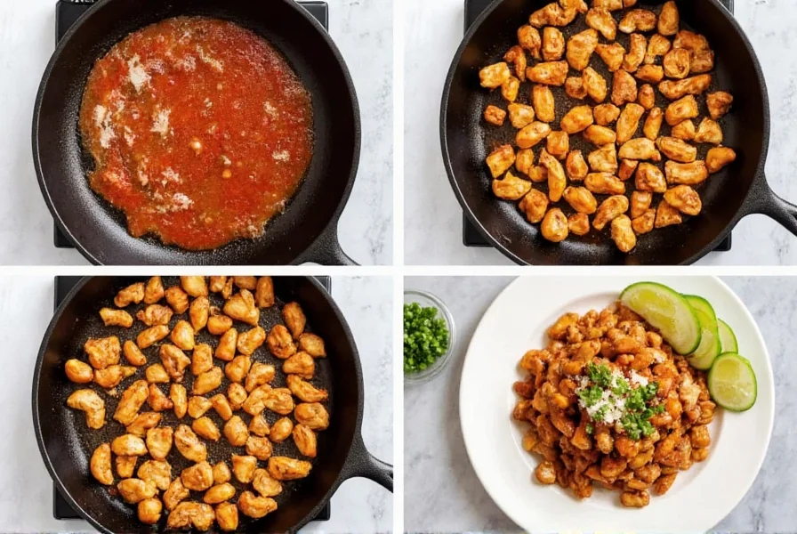 Step-by-step preparation of chilli salt and pepper chicken showing marinated chicken pieces, frying process, and final plated dish with garnish