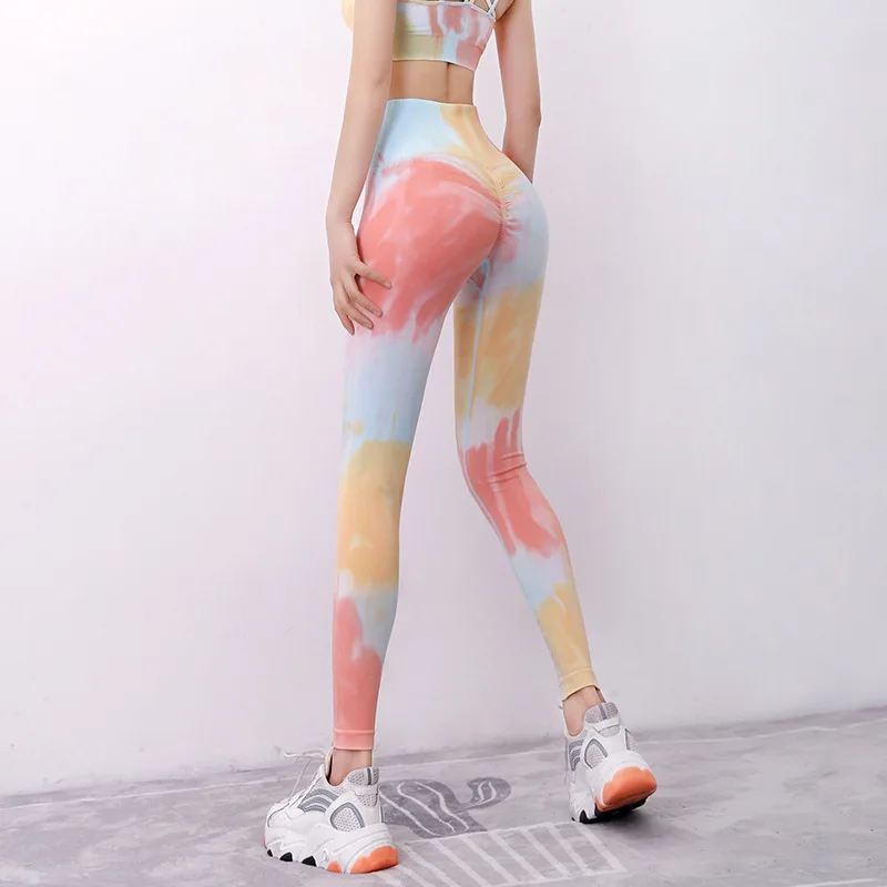 

2021 new European and American hip lifting fast drying high waist Yoga Pants women's high elastic sports fitness tights, Green + pink, blue + orange , purple + pink