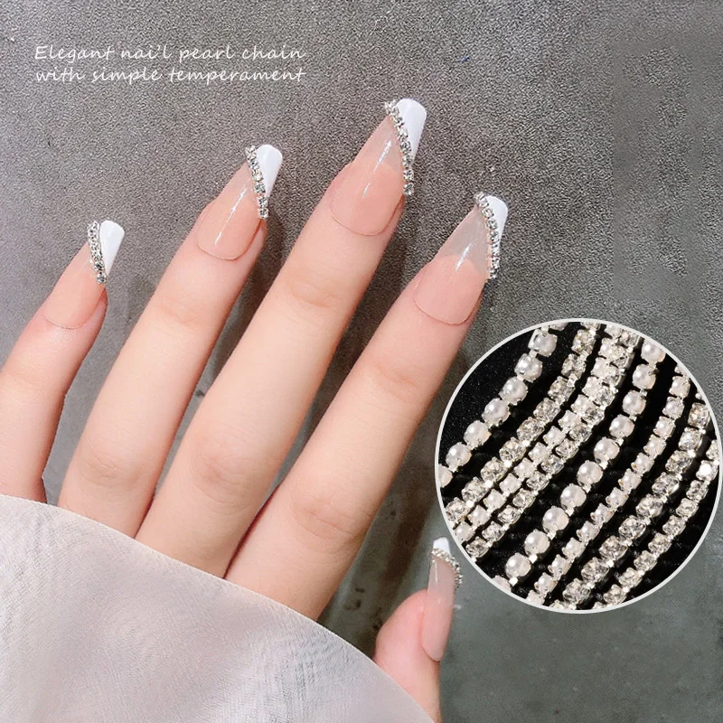 

Fashion Elegant Diamond Pearl Chain Nail Art Charm Nail Gel Accessories DIY Nail Sticker Art Decoration Finger Jewelry for Women, Colorful