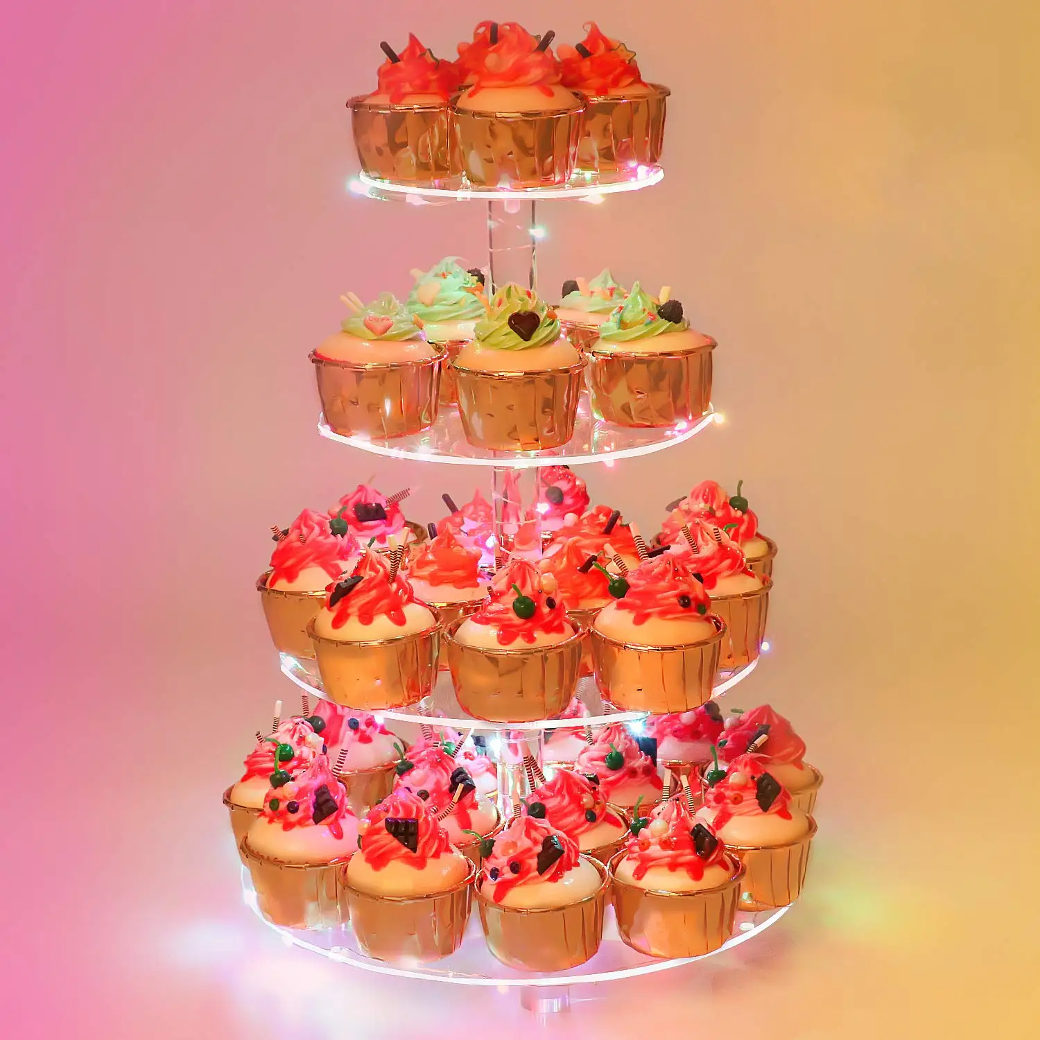 

R1708 Surprise Cylinder Gold Luxury Set Rotating Swing Cake Stand, Transparent